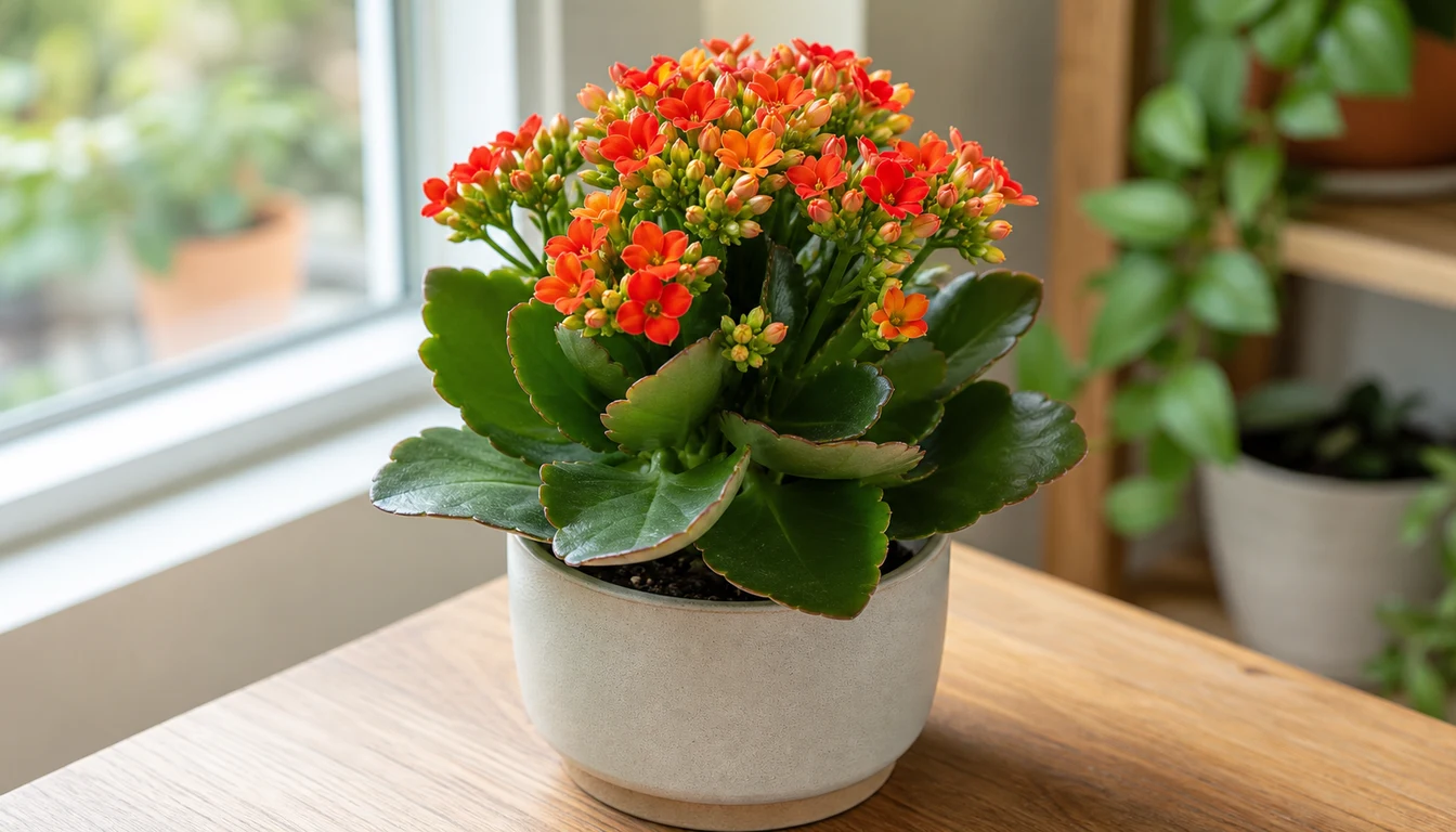 Kalanchoe blossfeldiana with red and orange flower clusters above thick scalloped leaves on a bright windowsill