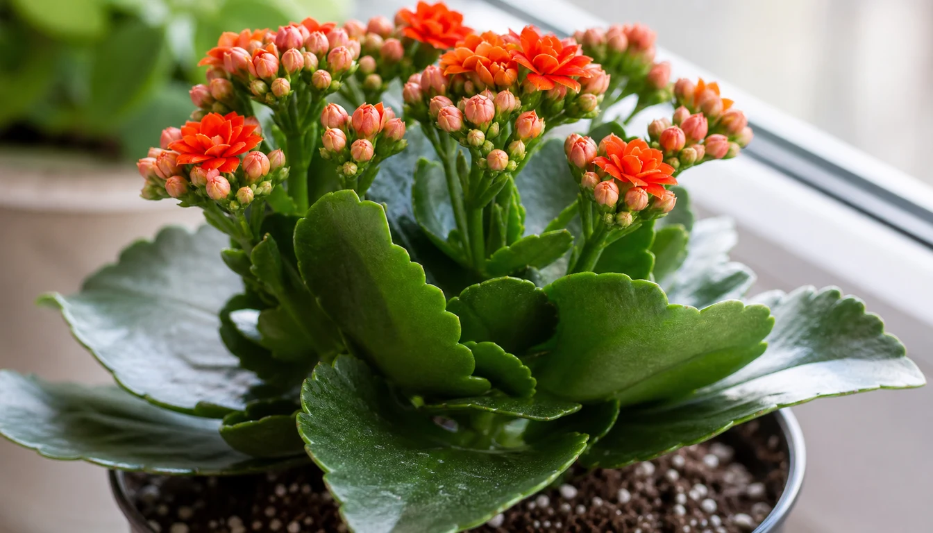 Hand removing spent kalanchoe flower stalks above a crown of thick scalloped leaves