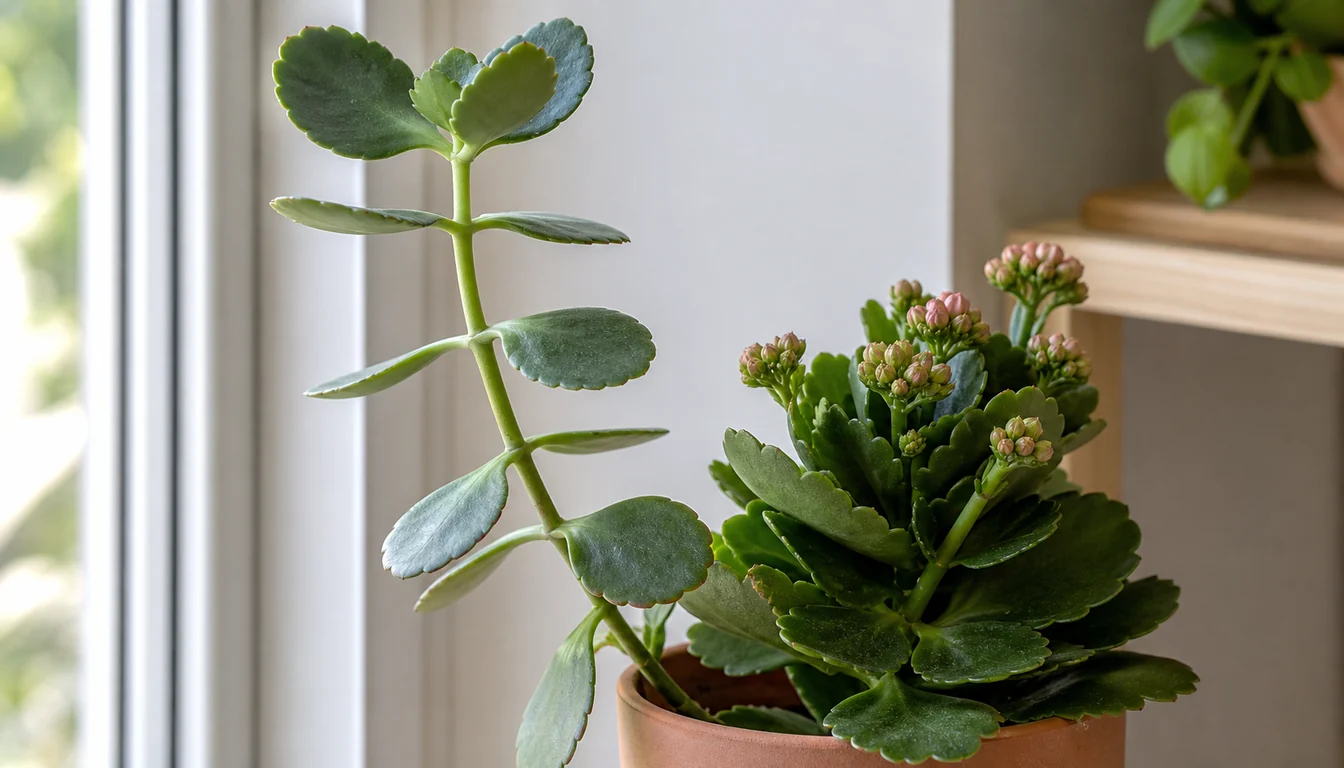 Leggy kalanchoe stem with wide leaf spacing beside a compact budded shoot near a bright window