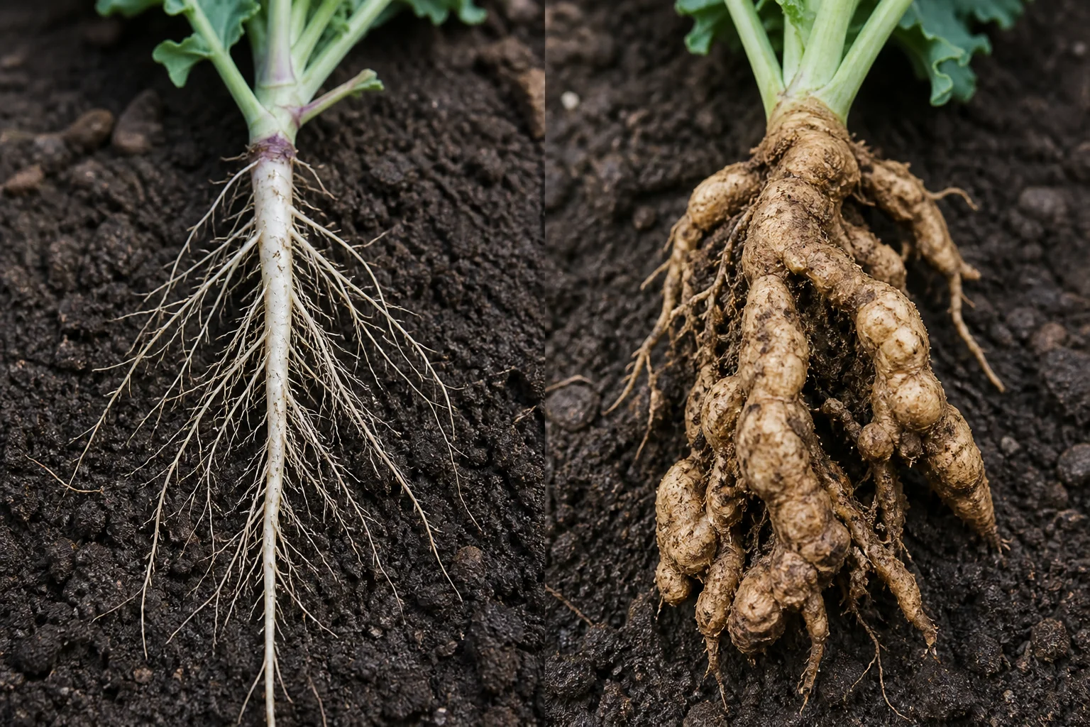 Side-by-side kale root comparison showing a normal fibrous root and a swollen, gnarled clubroot-infected root