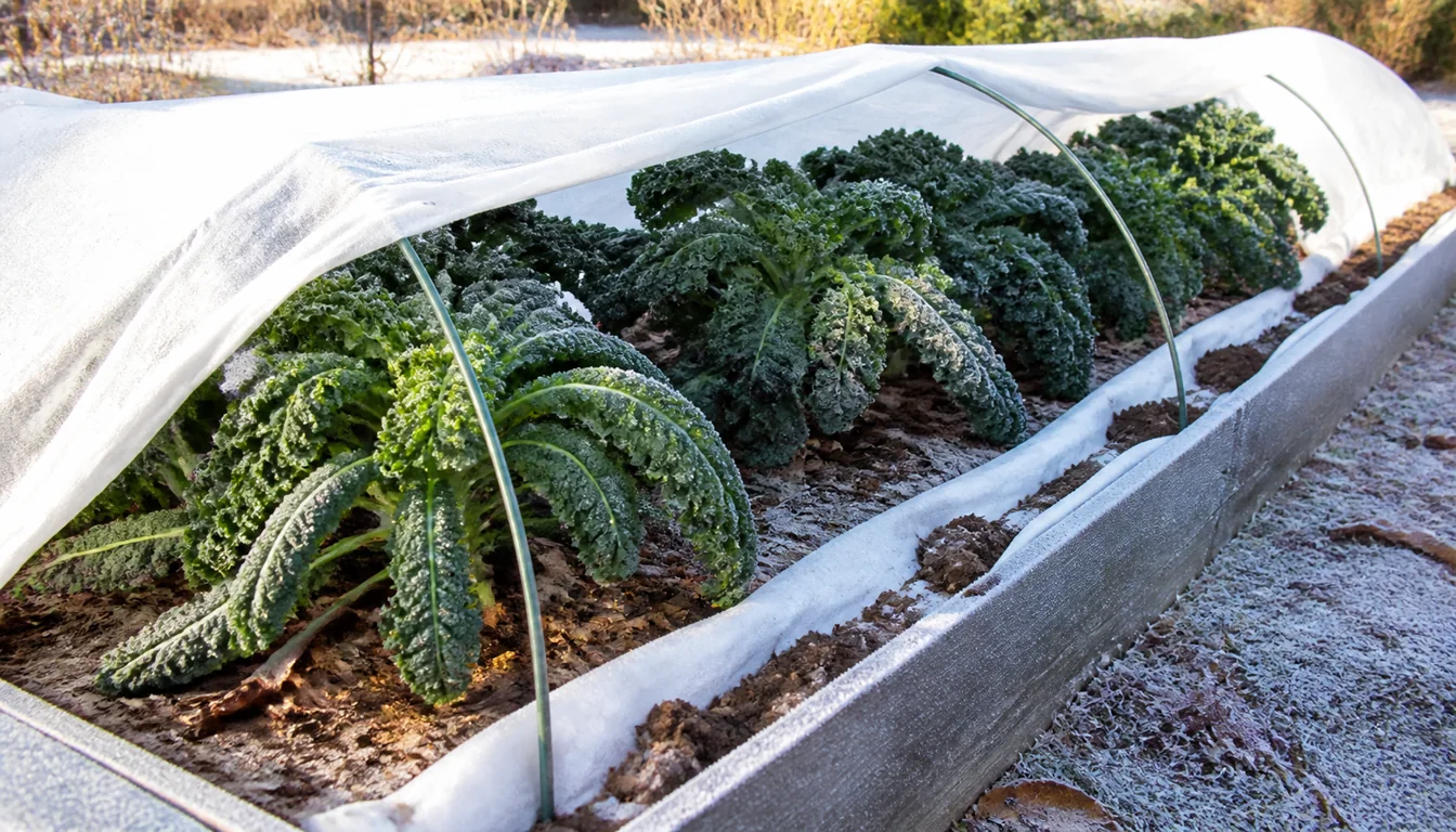 Mature kale plants beneath low hoops with fabric secured along a lightly frosted raised bed
