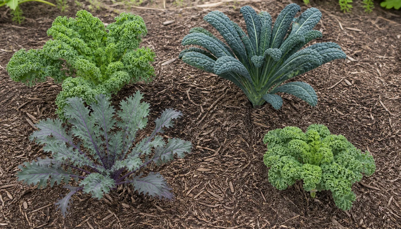 Curly green, lacinato, red Russian, and compact kale plants showing distinct leaf shapes and growth habits
