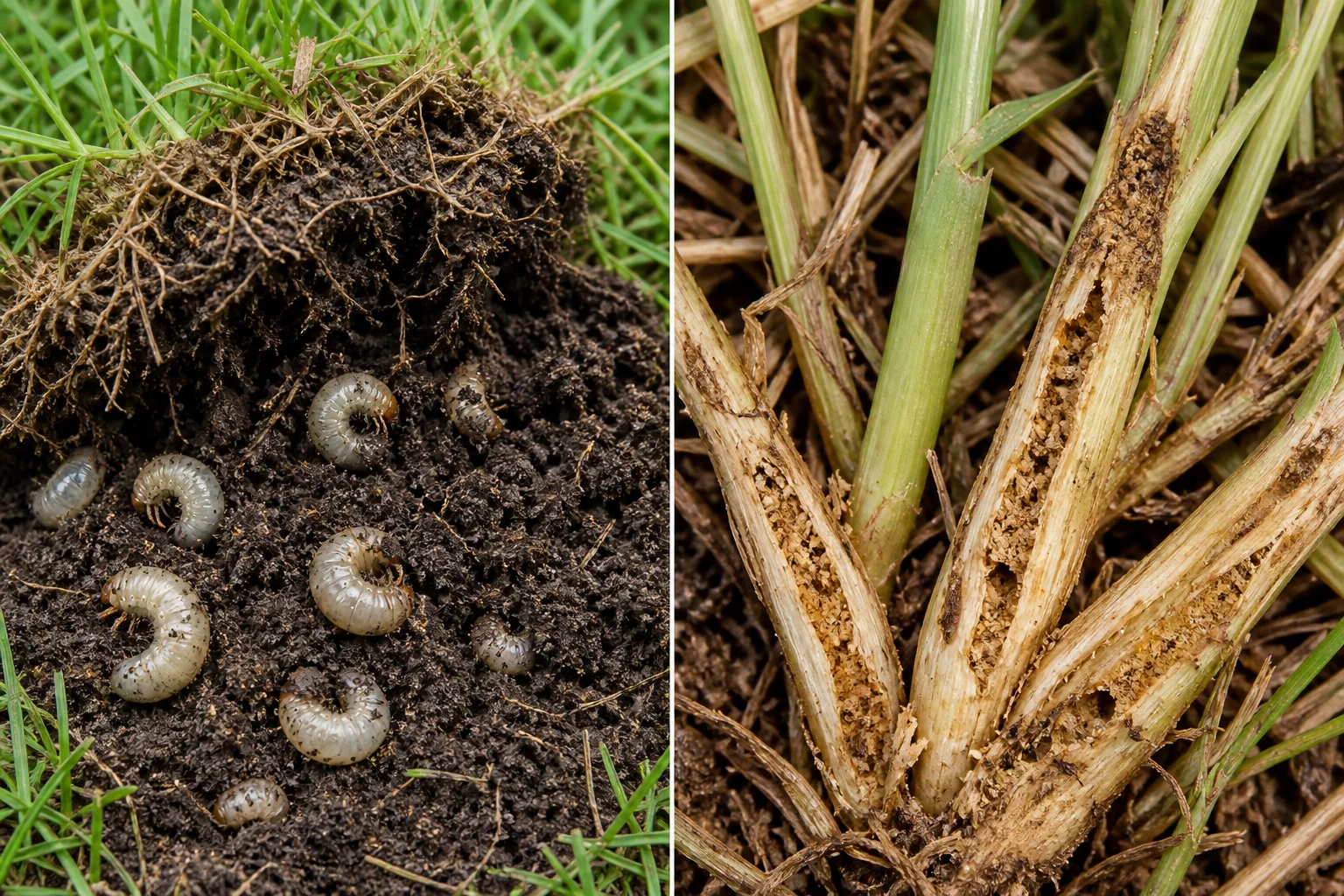 Side-by-side comparison of white grubs revealed under lifted turf and billbug frass inside split grass stems