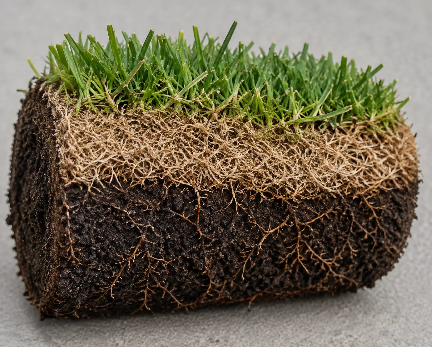 Soil core from a lawn on its side showing green grass blades on top, a pale brown fibrous thatch layer roughly half an inch thick in the middle, and dark rooted soil below