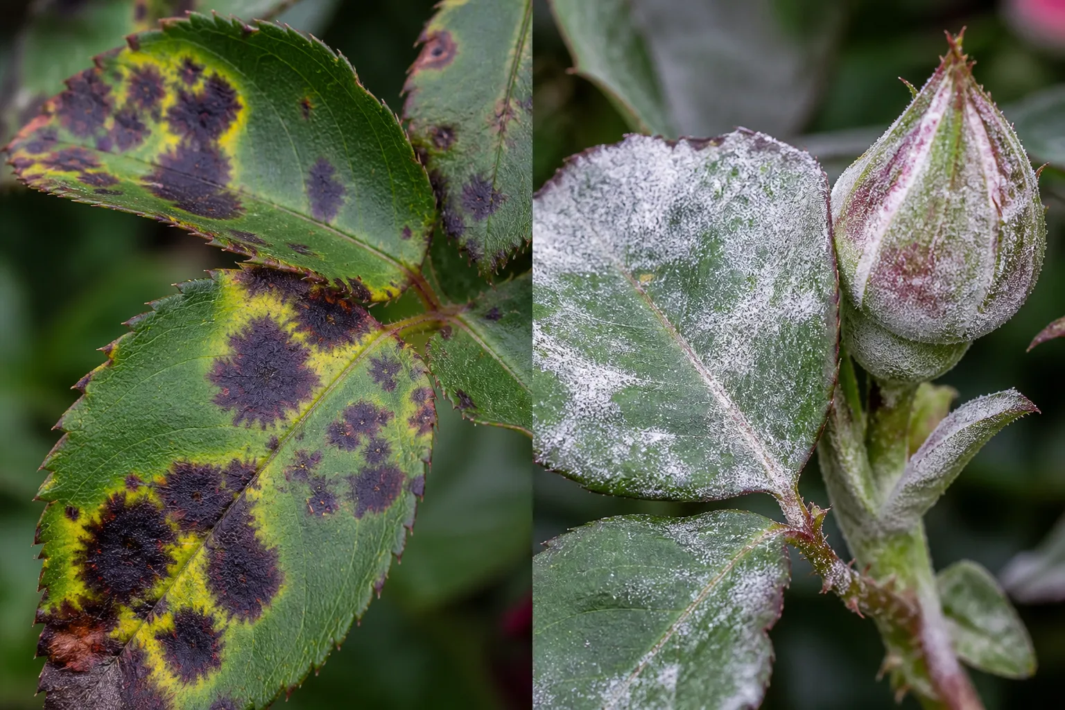 Close comparison of dark purple-black black spot blotches with yellow edges on a Knock Out Rose leaf beside a rose leaf coated in chalky white powdery mildew