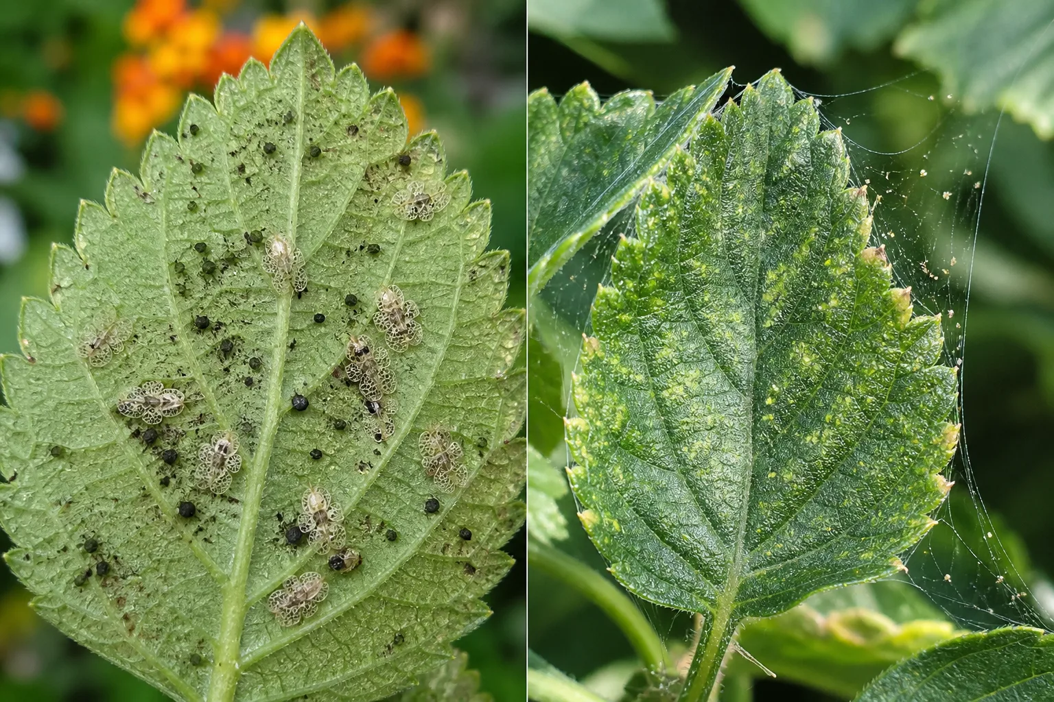 Side-by-side lantana leaf comparison showing lace bugs and dark excrement spots on the underside beside a leaf with fine spider mite webbing and stippling