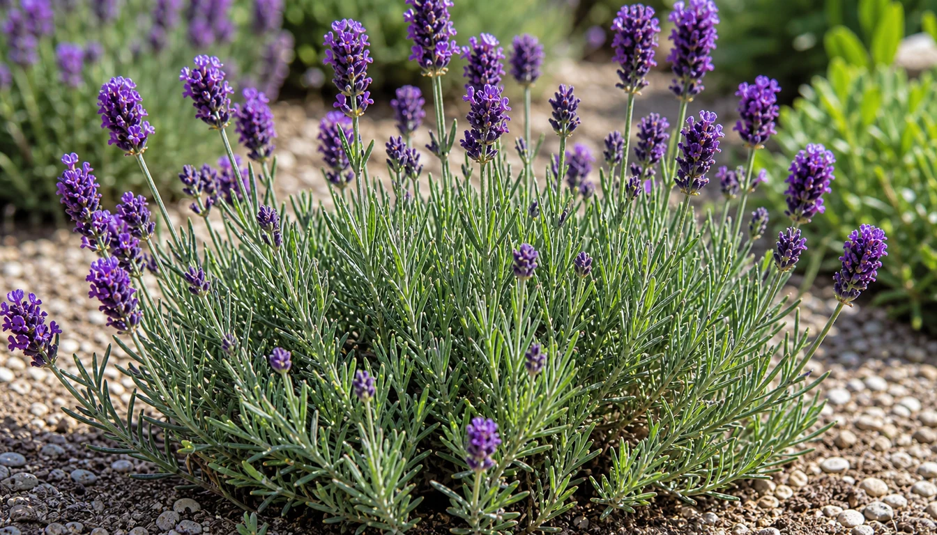 Lavender flower spikes and gray green foliage growing in a sunny gravelly garden bed