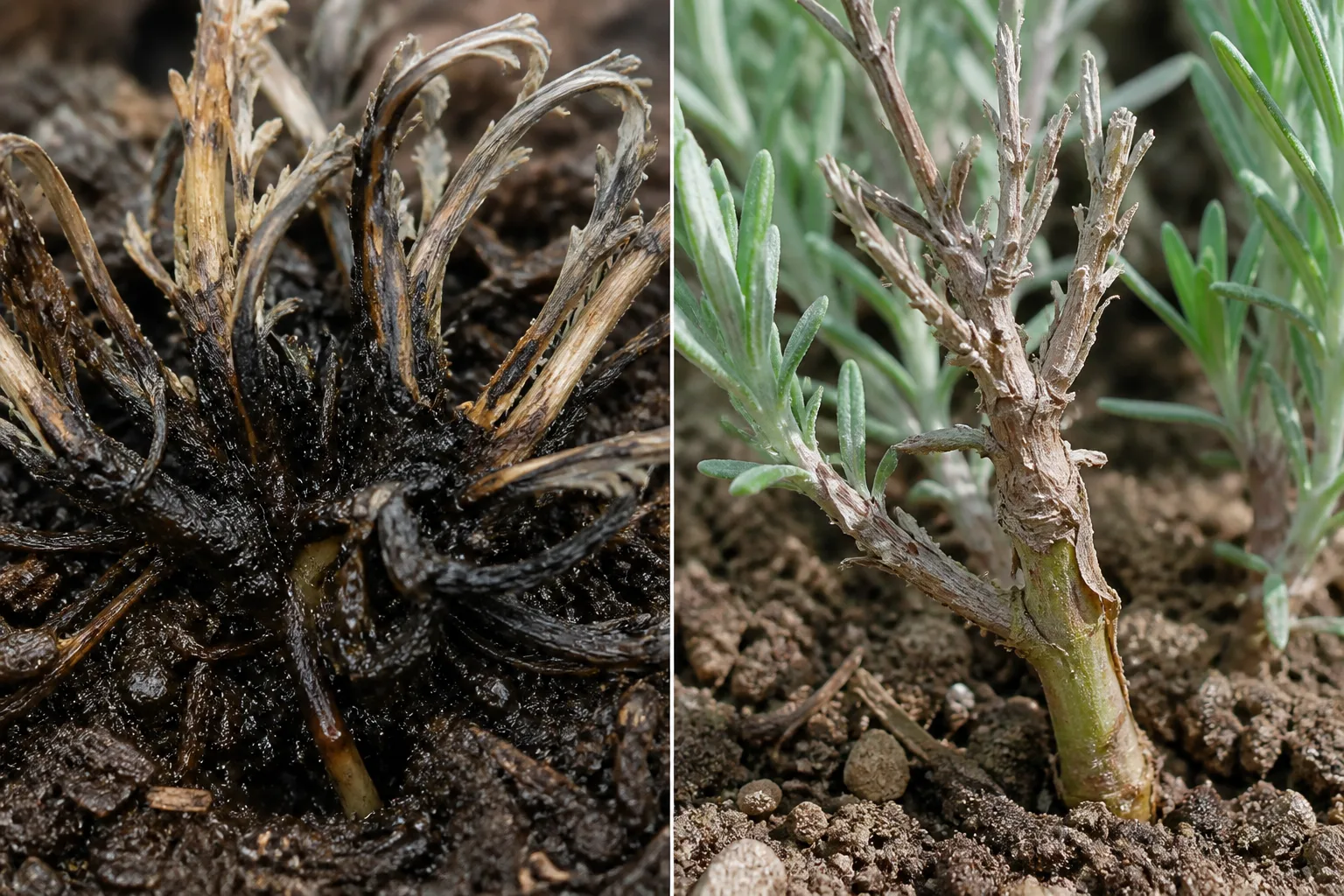 Close comparison of a lavender crown blackened and mushy from root rot beside a lavender stem with dry, brittle winter dieback tips