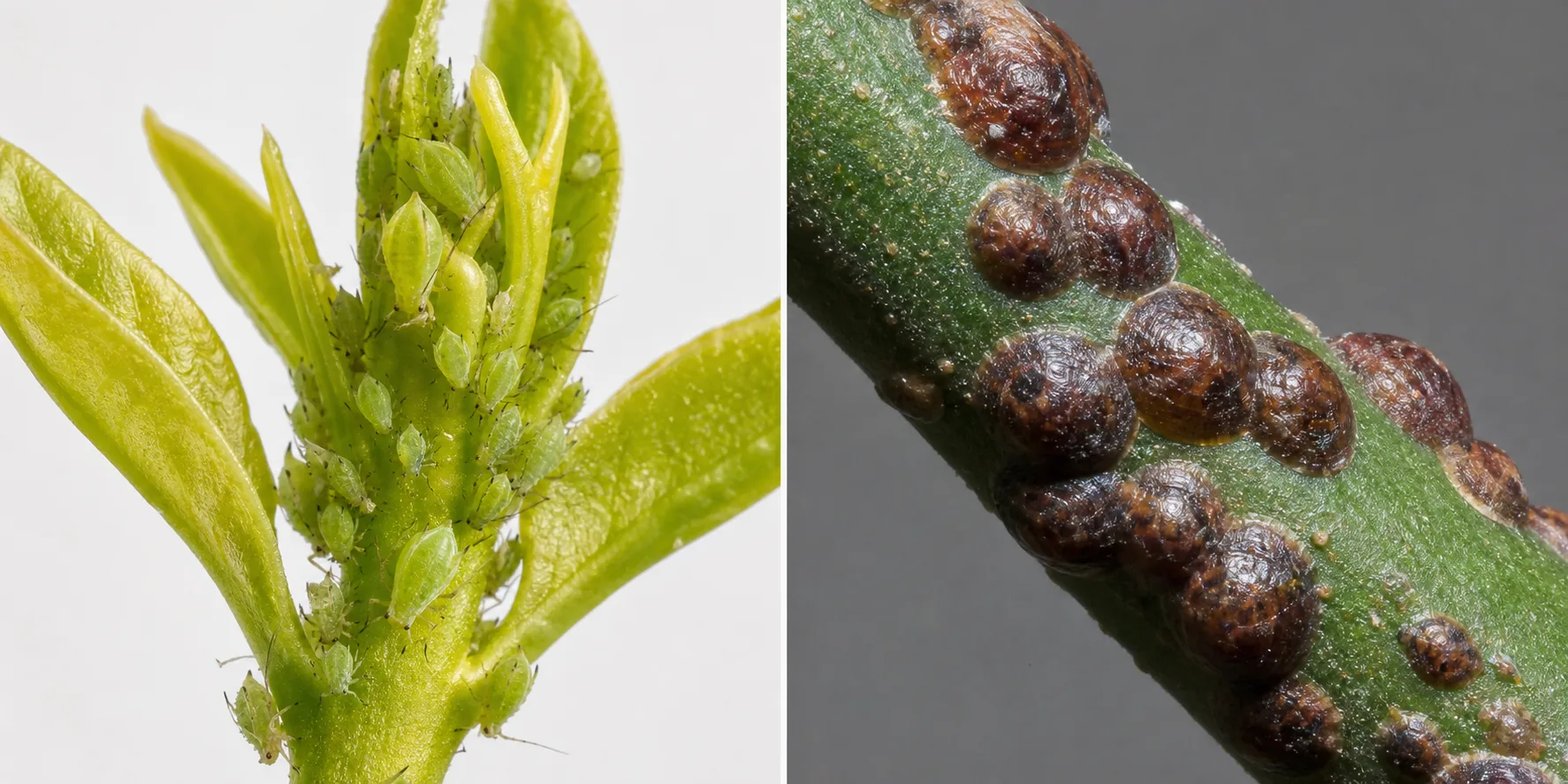Close comparison of soft mobile aphid clusters on a citrus shoot tip beside small hard immobile scale bumps fused to a citrus stem