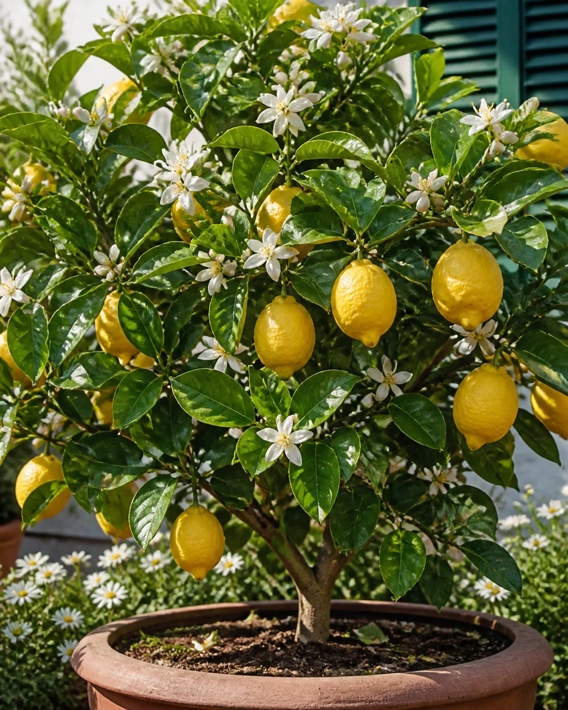 Lemon tree with glossy leaves and yellow fruit