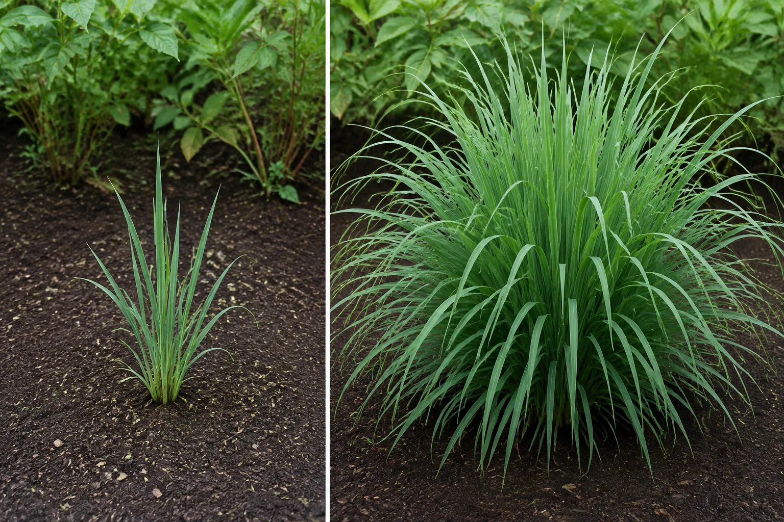 Two lemongrass clumps side by side in the same dark soil, the left small with only a few upright blue-green blades, the right a large dense fountain of arching blades many times the size