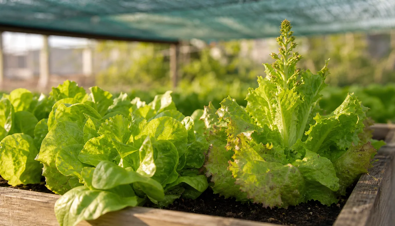 Lettuce plant with a tall center stalk starting to bolt under light shade cloth