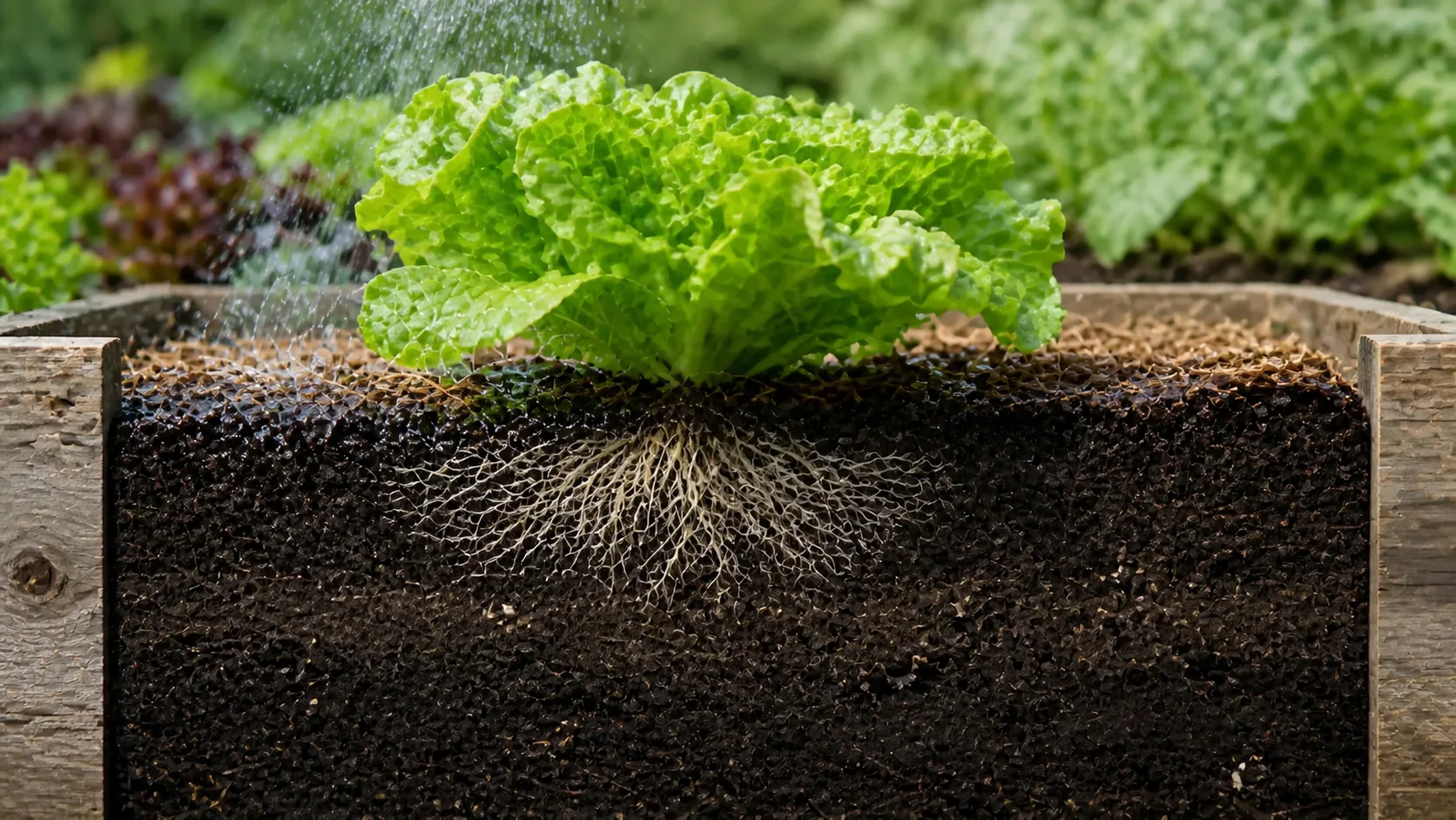 Cutaway of a lettuce plant showing shallow roots in evenly moist upper soil below a dry crown