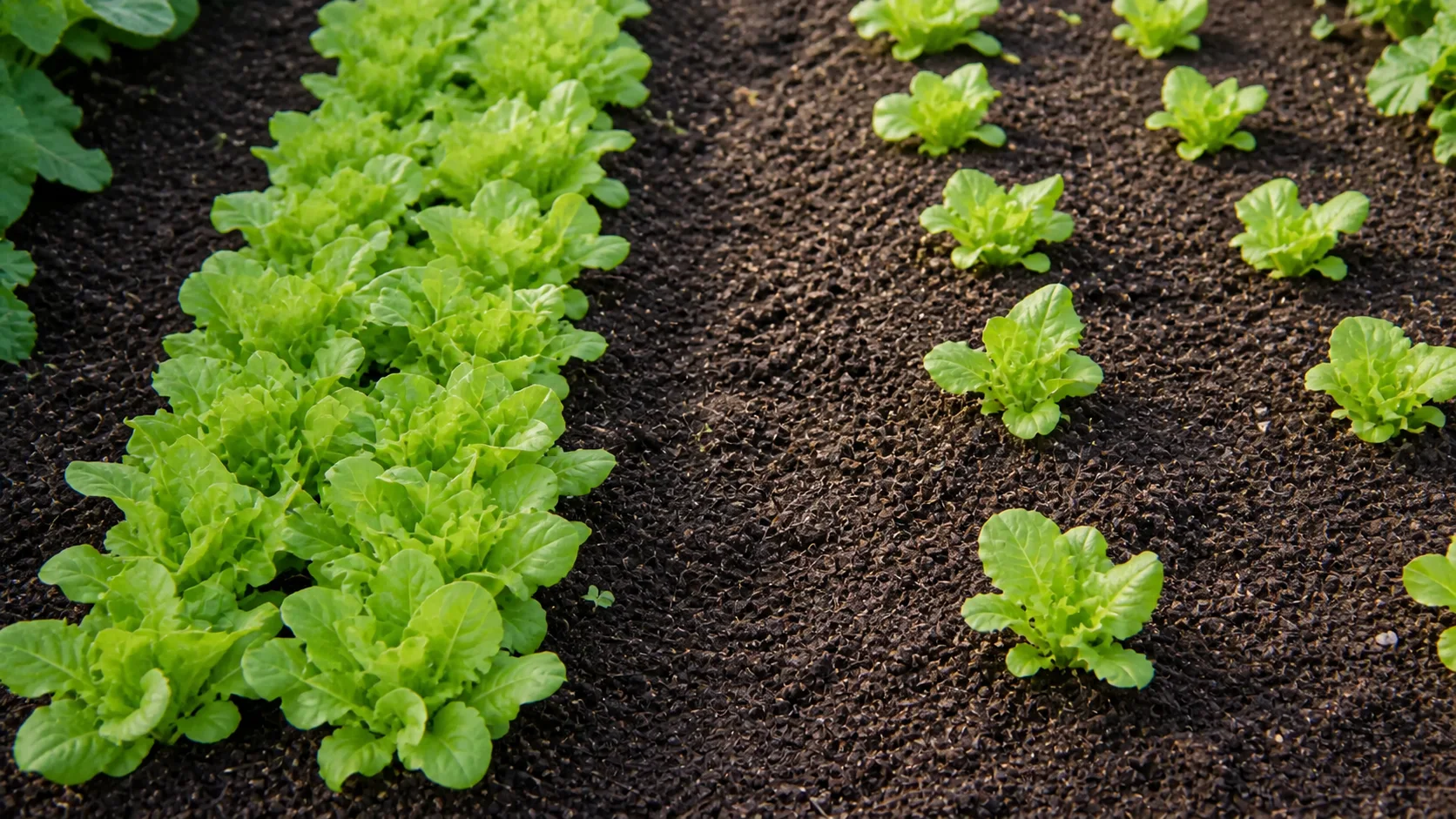 Crowded lettuce seedlings beside a correctly thinned row with open soil between plants