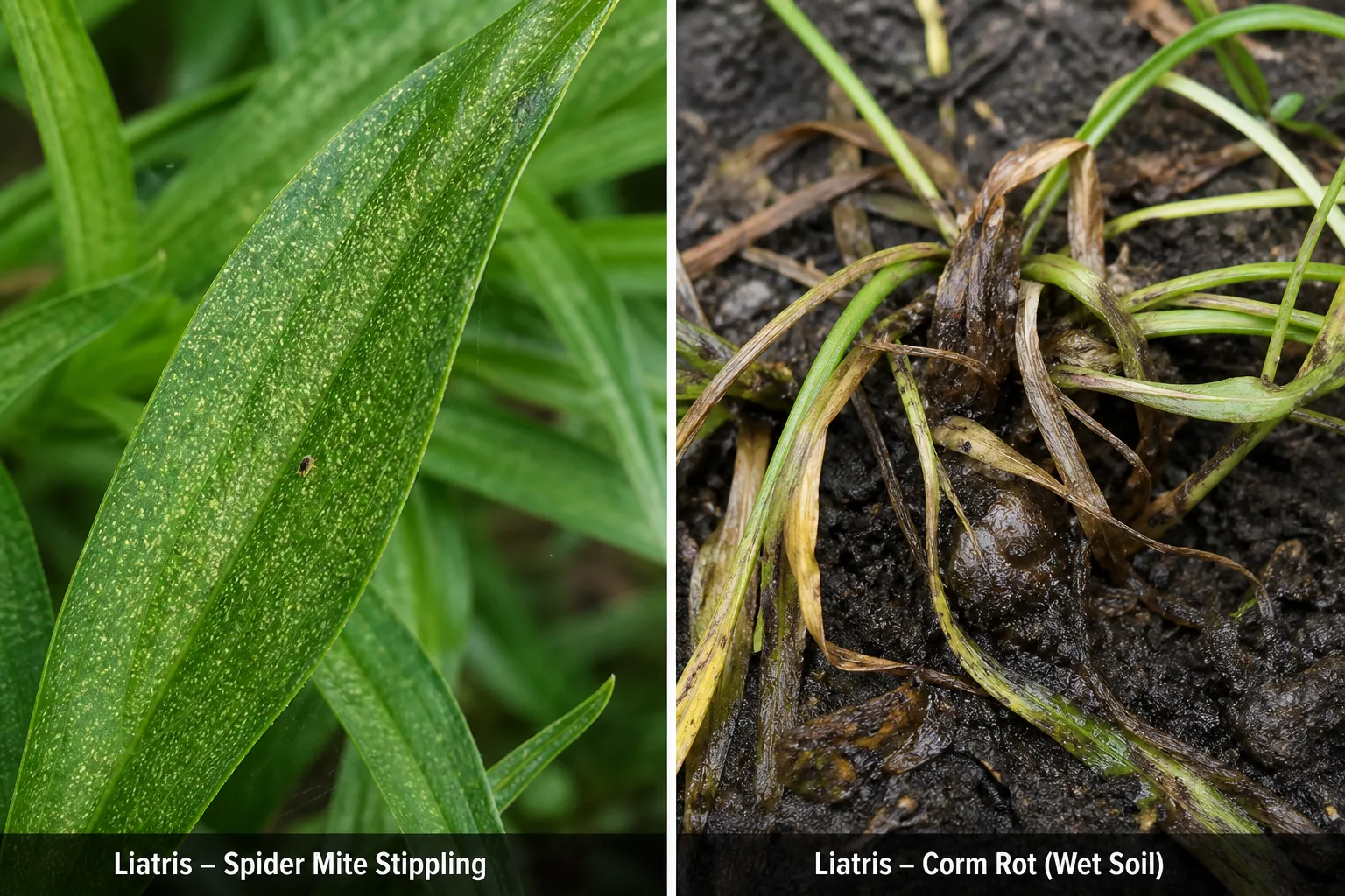 Side-by-side comparison of a Liatris leaf with fine spider mite stippling beside a Liatris clump collapsing with soft, rotted stems at the base in wet soil