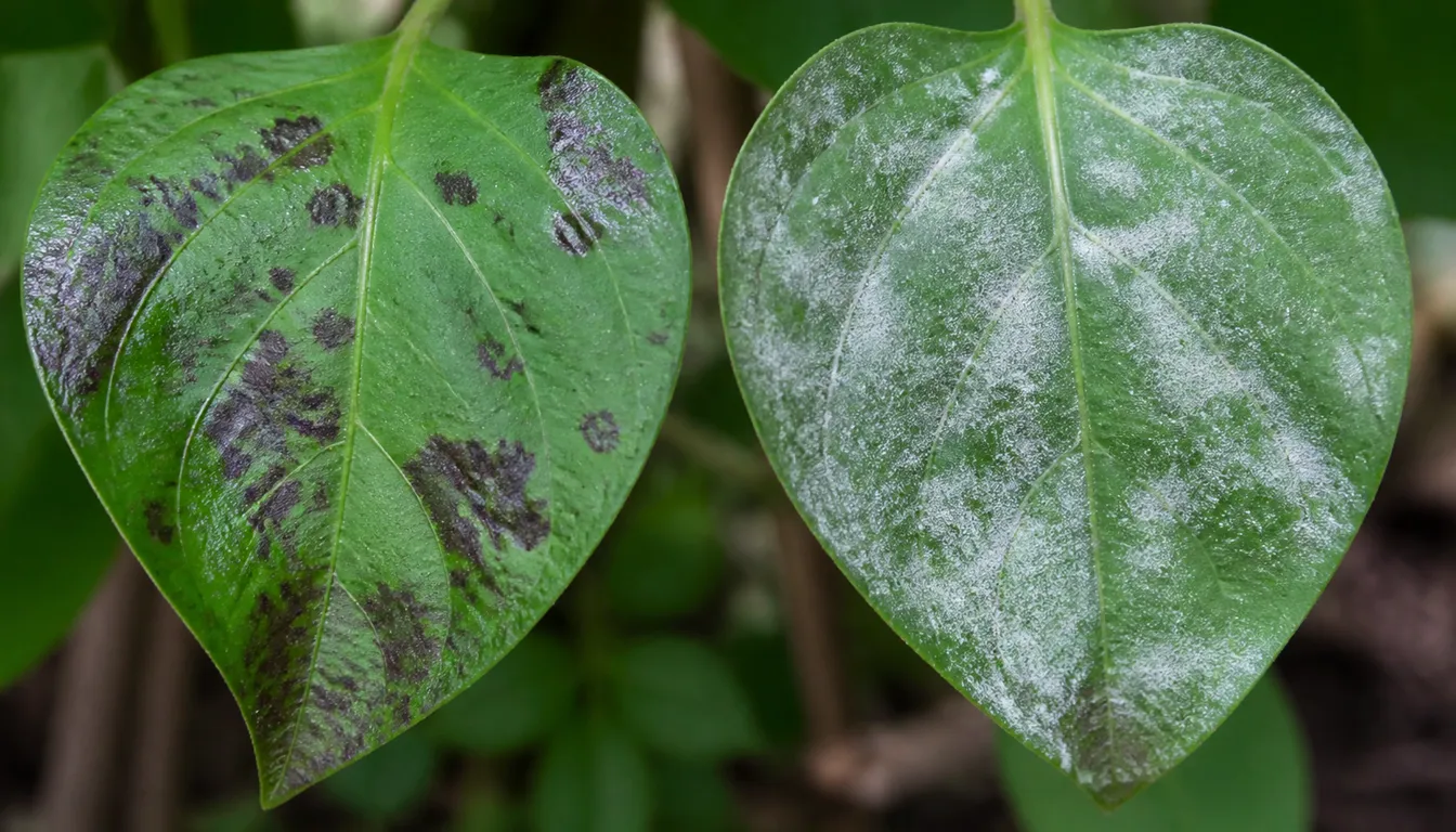 Side-by-side lilac leaves showing dark bacterial blight spotting on one leaf and white powdery mildew coating on the other.