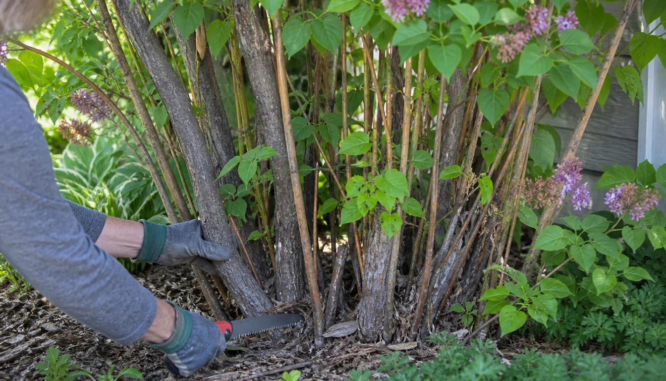Gardener sawing one thick gray lilac trunk at ground level while younger tan canes and spent spring flower panicles remain