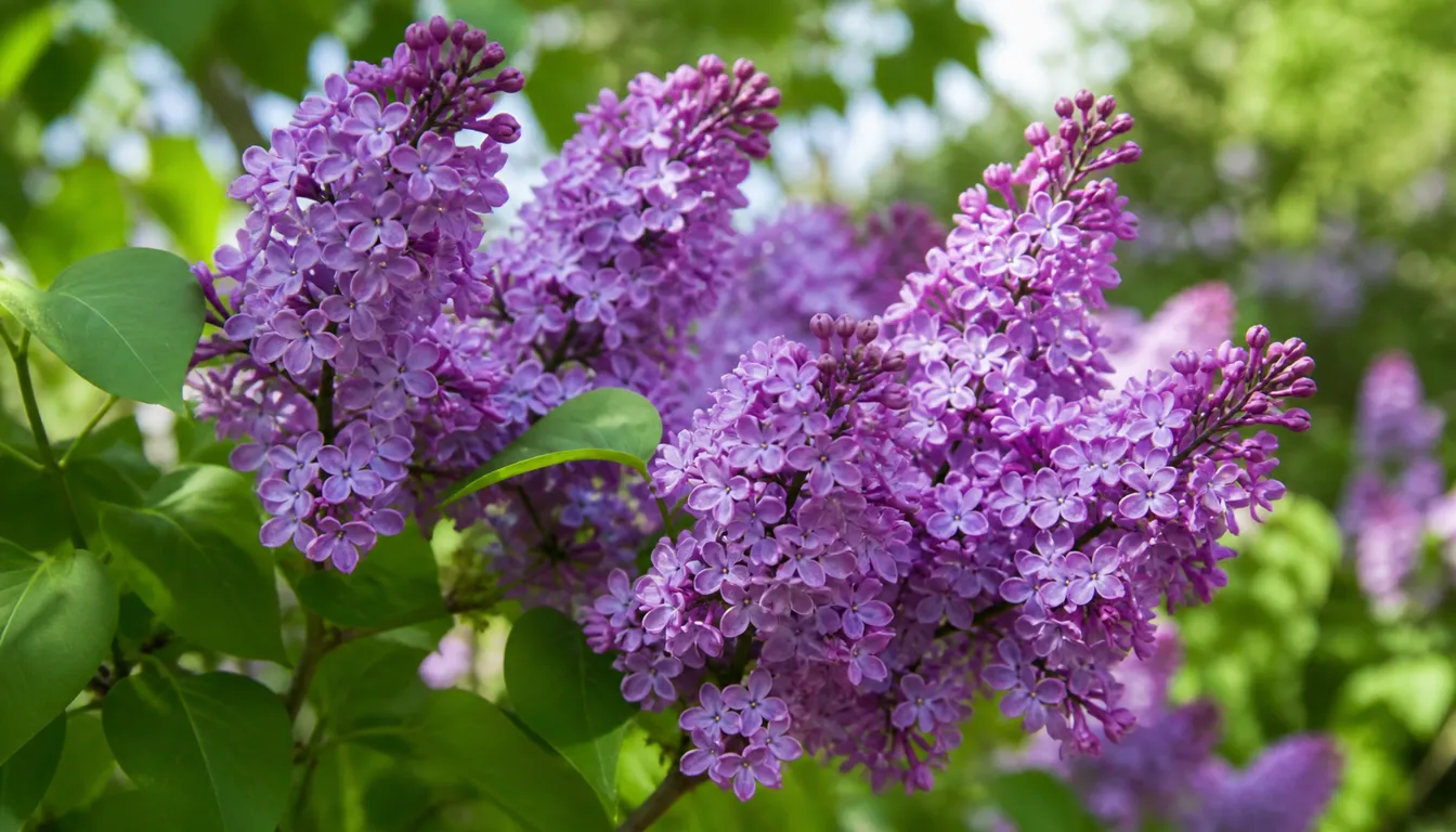 Close view of lilac flower panicles opening on woody stems with green leaves