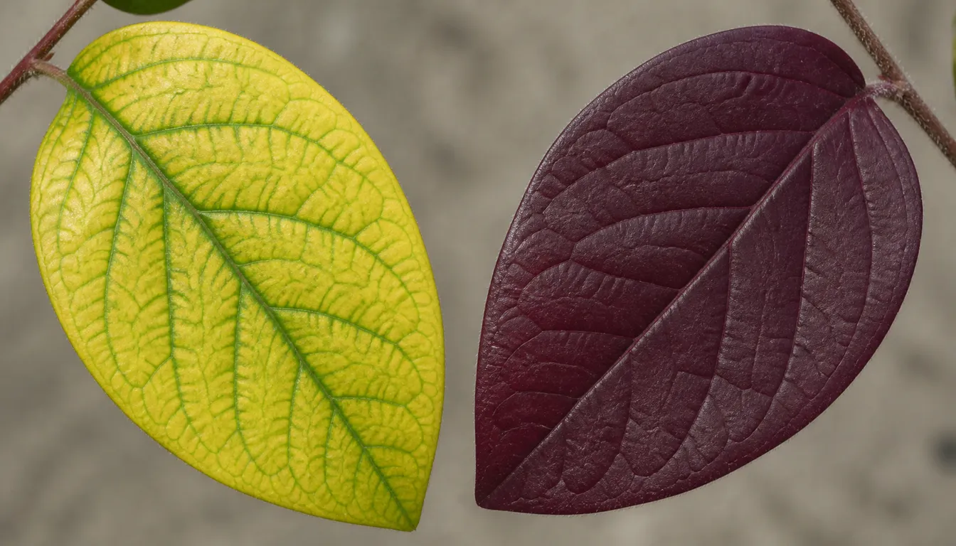 A loropetalum leaf showing interveinal iron chlorosis, yellow leaf tissue with green veins, beside a healthy wine-colored leaf.