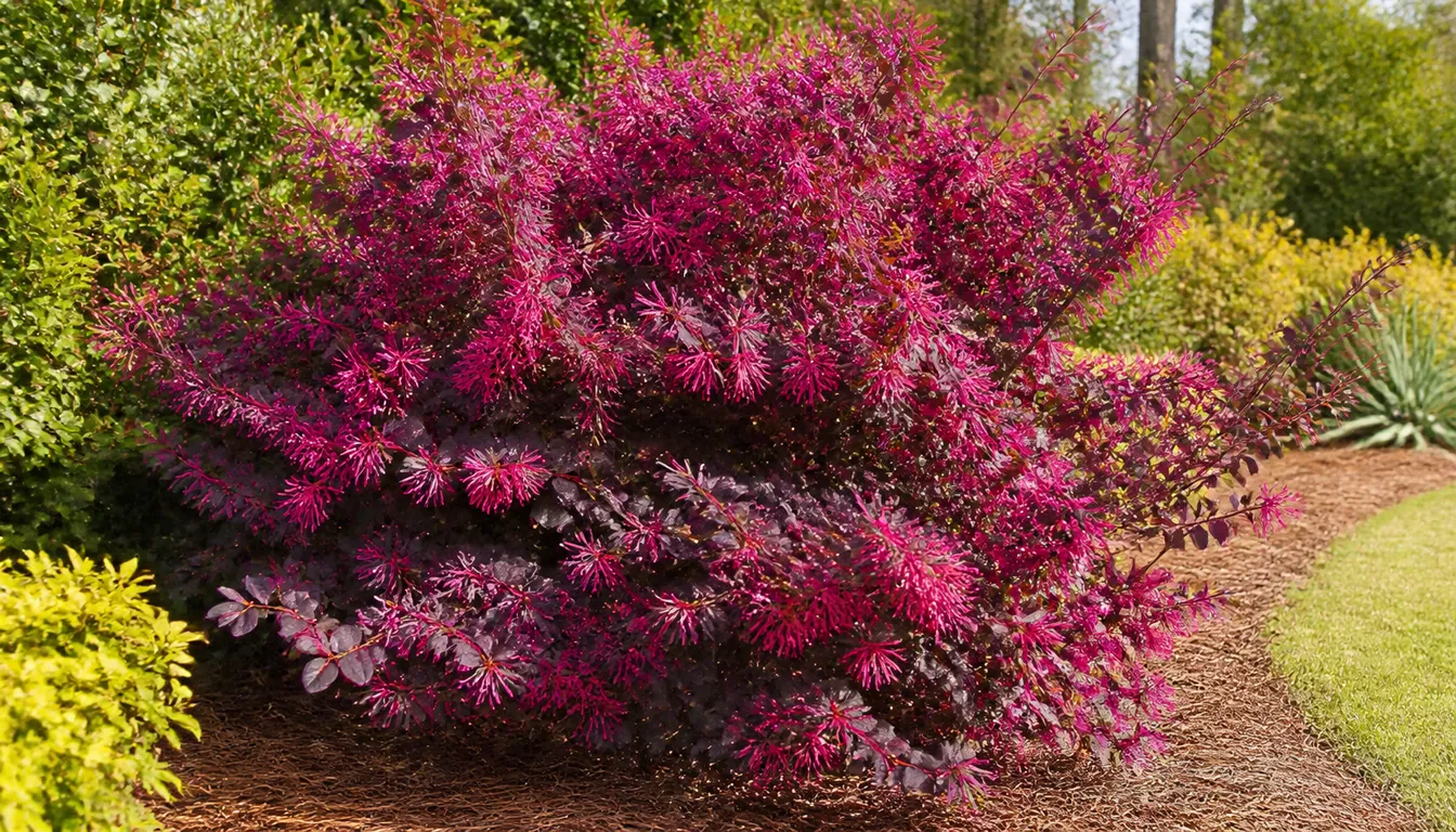 Purple-leaved loropetalum shrub with pink fringe flowers in a sunny garden bed
