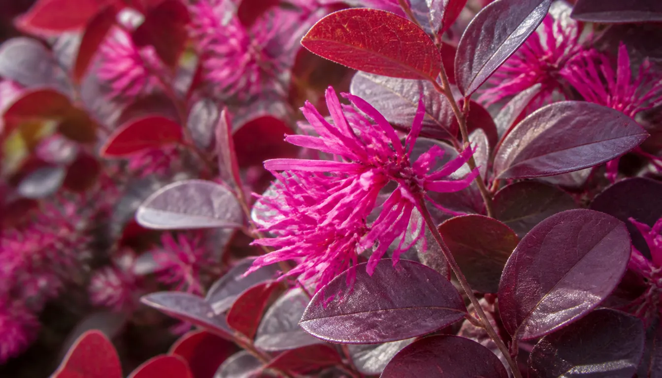 Close view of loropetalum burgundy leaves and narrow pink fringe petals