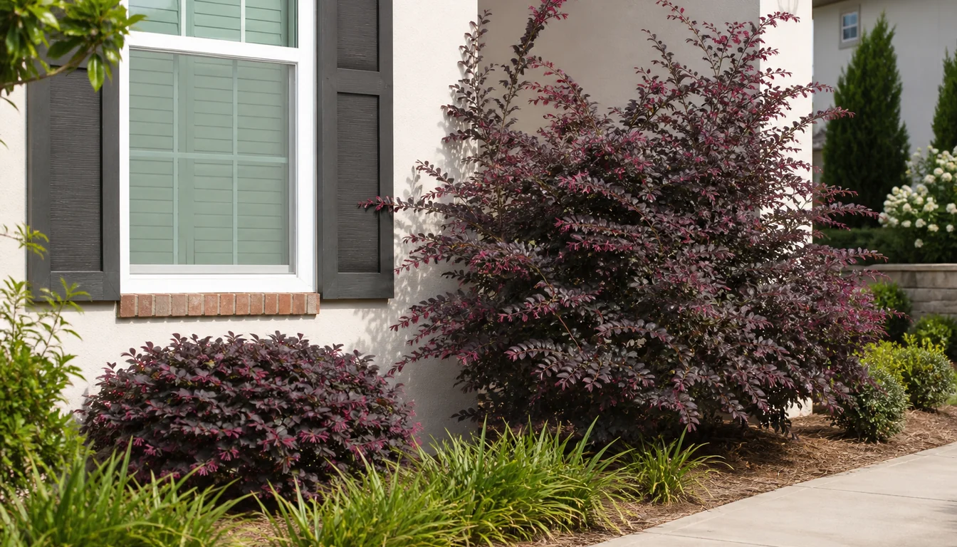 Compact purple-leaf loropetalum fitting below a window beside a taller arching loropetalum given open corner space