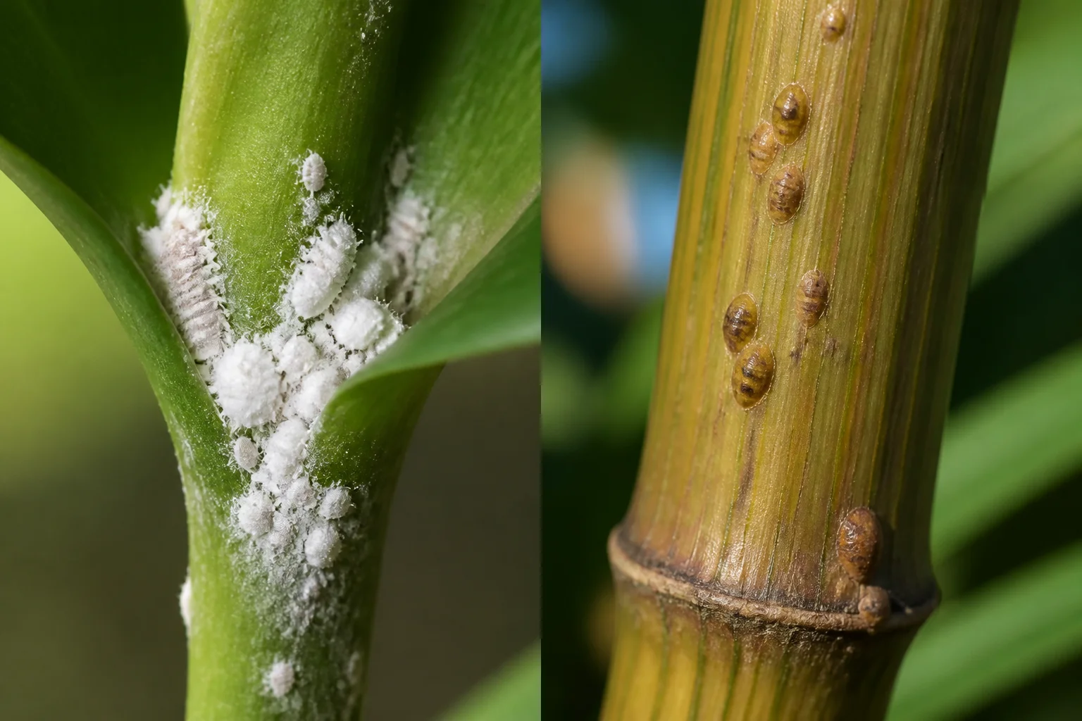 Comparison of white cottony mealybug clumps versus tan scale insect bumps on lucky bamboo stalks