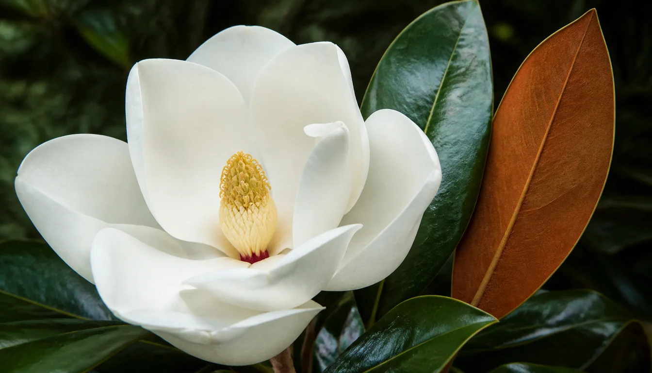 One open Southern magnolia flower with thick waxy white petals and a yellow central cone, beside two leathery leaves turned to show the glossy dark green upper surface against the rust-brown felted underside