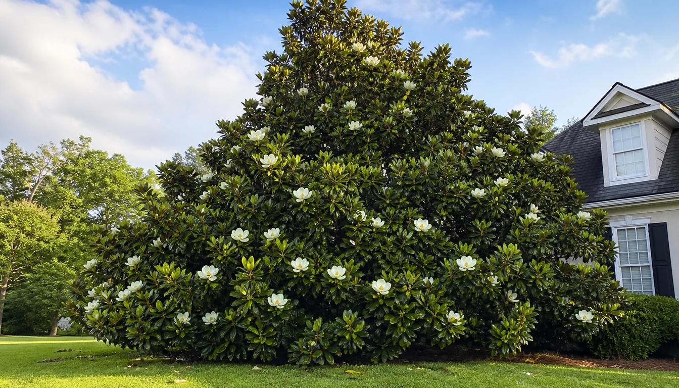 Mature Southern magnolia on a lawn beside a house, its dense pyramidal crown of glossy dark evergreen leaves carrying dozens of open creamy white flowers, with the lower branches sweeping almost to the grass