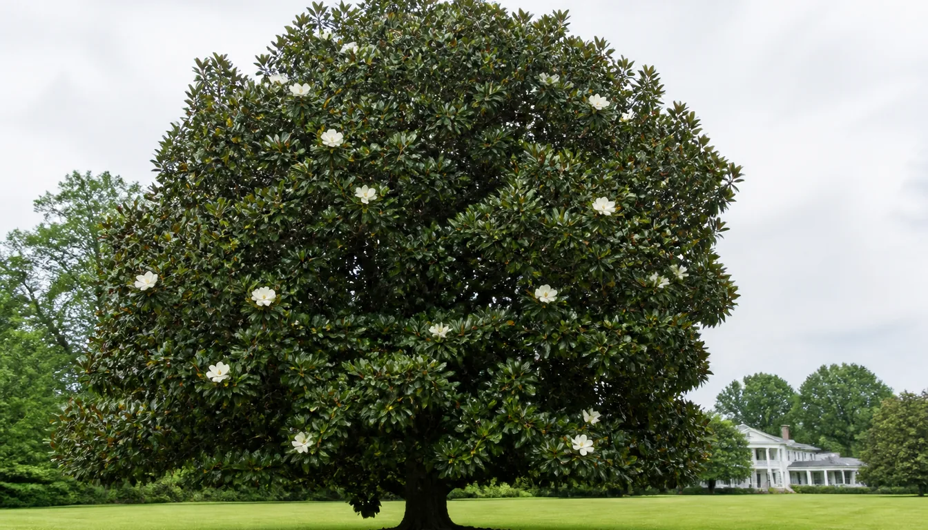 A large Southern magnolia on a lawn in early summer with about a dozen big white flowers open at scattered points across its dense dark evergreen crown, most of the foliage carrying none