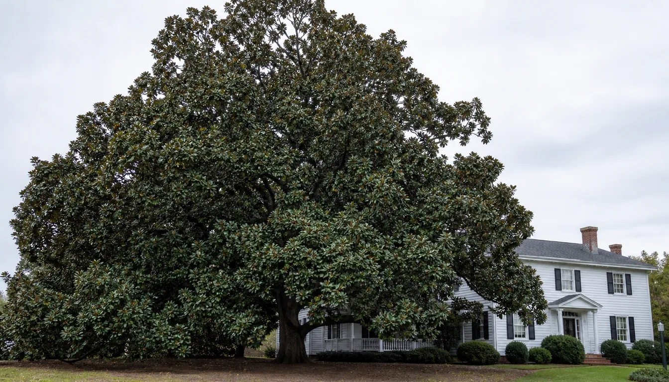 An old Southern magnolia beside a two-story house, its dense evergreen crown taller than the roof and sweeping to the ground over bare shaded earth