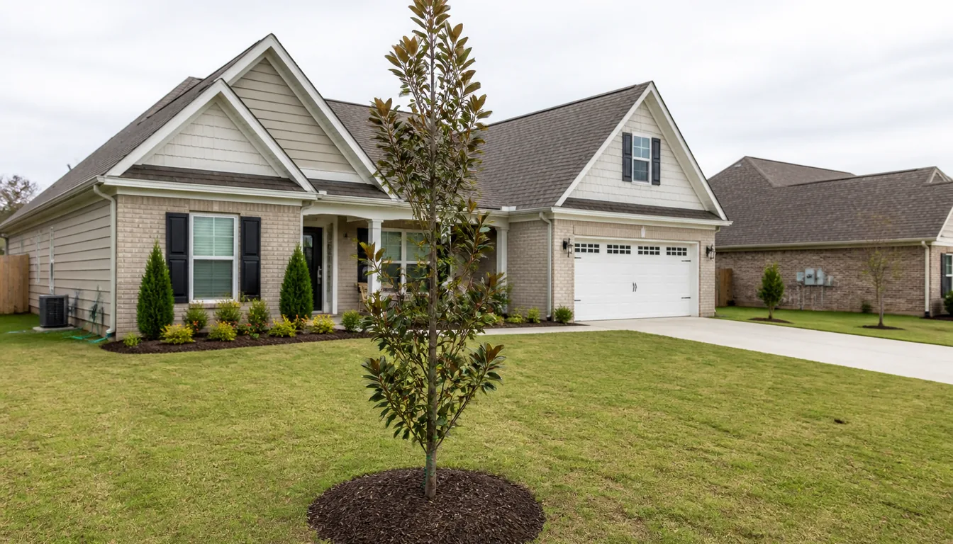 A newly planted Southern magnolia about eight feet tall and narrow in a small mulch circle on a suburban front lawn, the house fully visible behind it