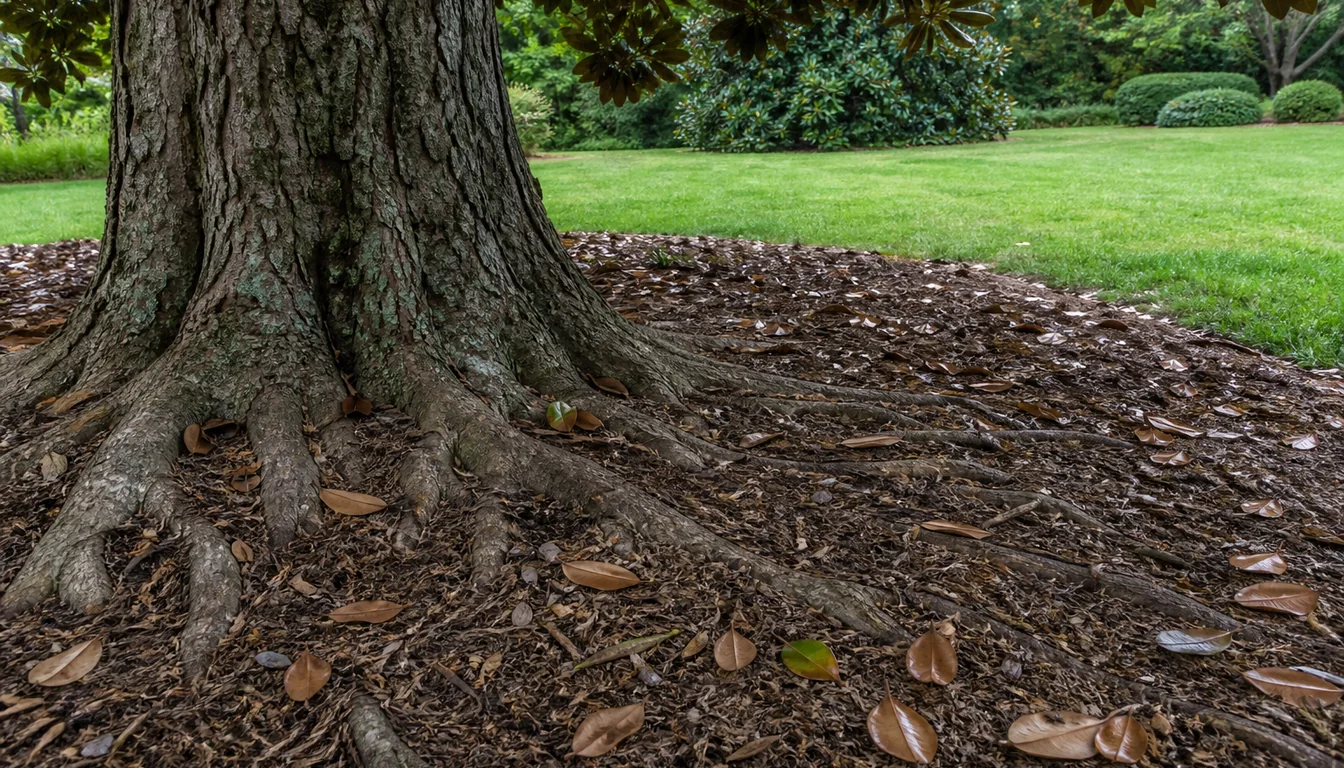 Mature southern magnolia lower trunk in a wide mulched bed with surface roots and leathery fallen leaves reaching toward the lawn