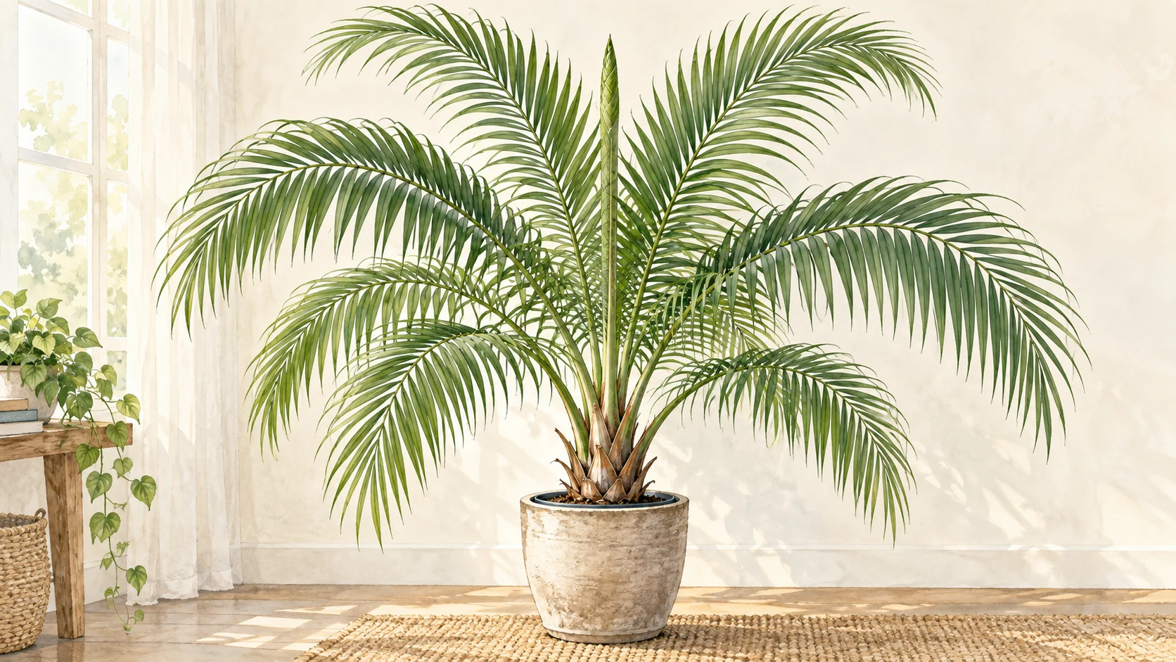 Watercolor illustration of a Majesty palm with arching feather-shaped fronds and an upright central spear above a single crown