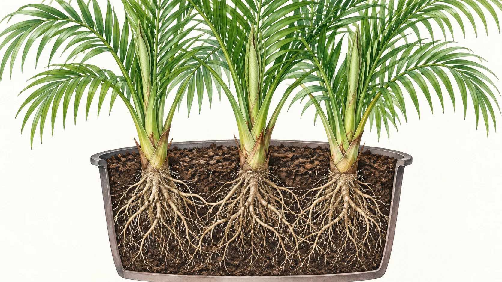 Illustration of three separate Majesty palm crowns with overlapping roots inside a cutaway nursery pot