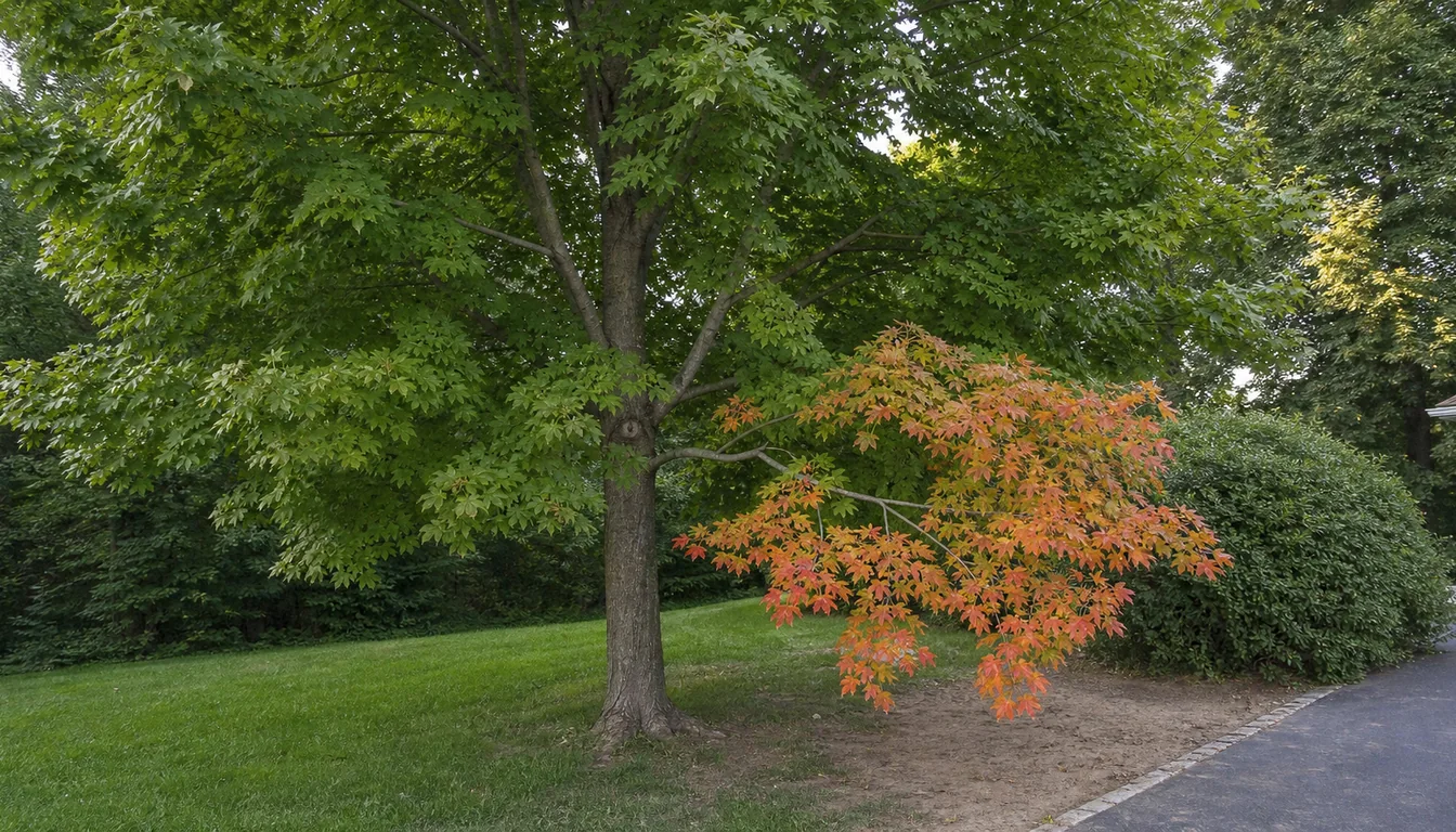 Maple crown with one red early-color sector above dry compacted soil while the rest of the leaves remain green