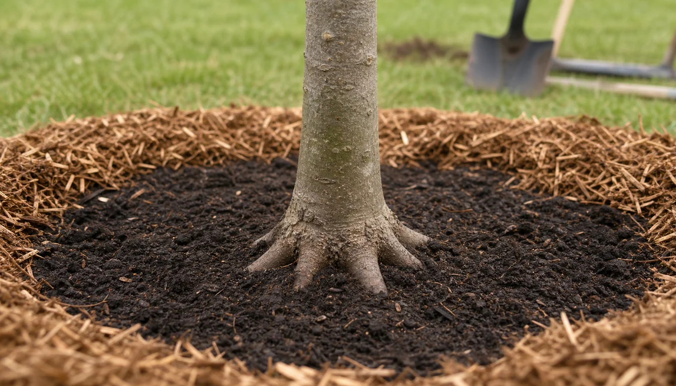 Young maple planted with the trunk flare visible at soil grade and a wide shallow mulch ring held away from bark