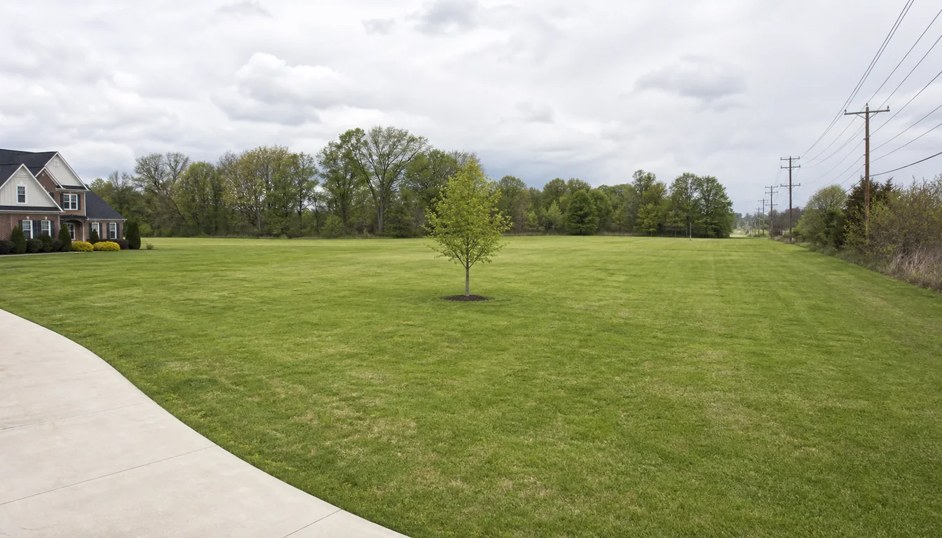 Young maple correctly spaced in open lawn away from a house, driveway, and overhead utility corridor