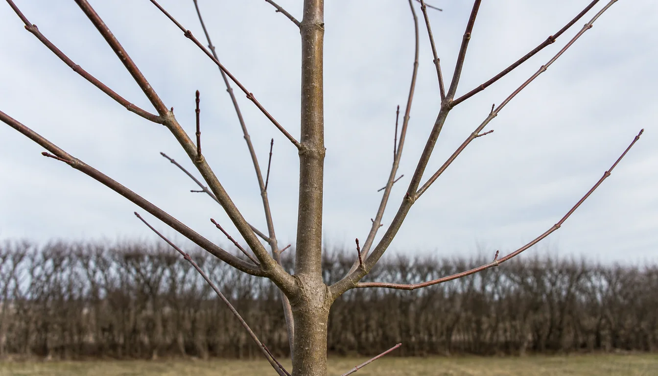Young dormant maple with one central leader, broad branch attachments, and one competing upright shoot