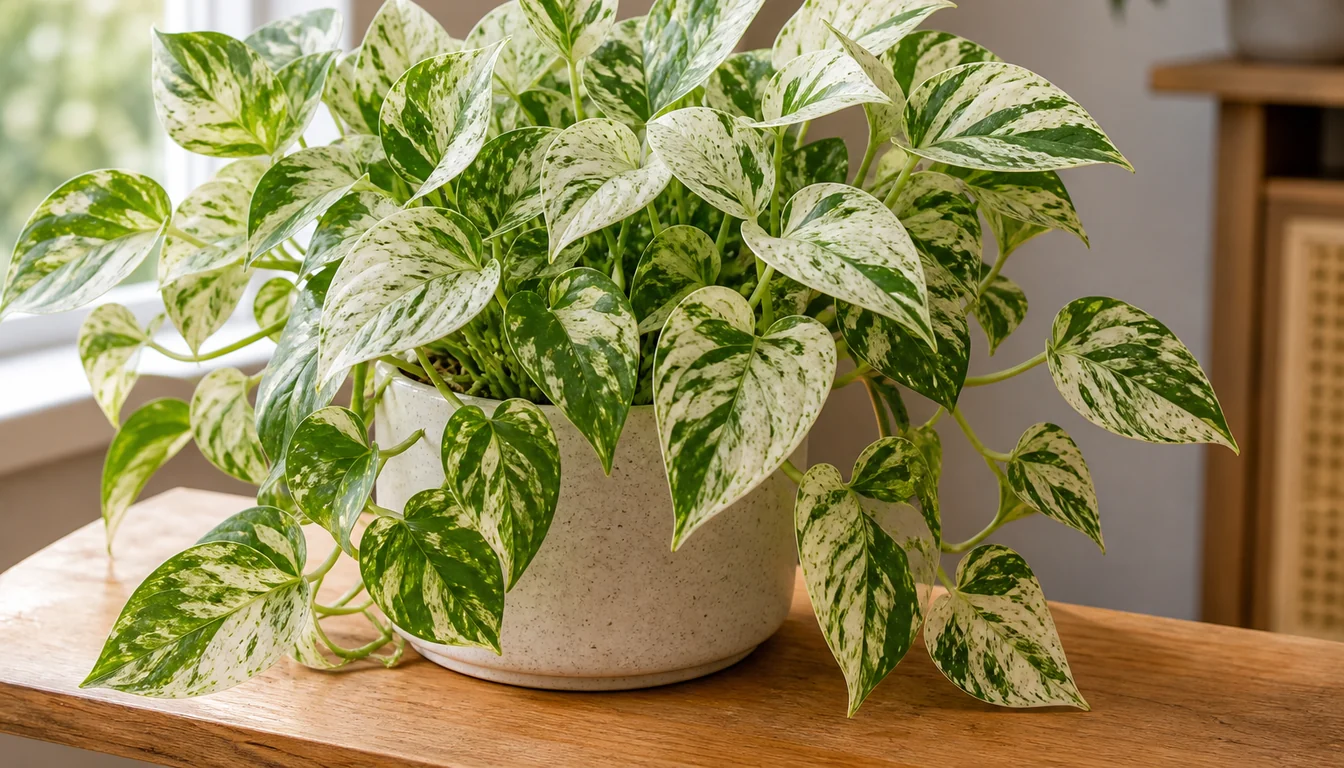 Marble Queen Pothos with creamy white and green marbled leaves trailing from a pot near a bright window