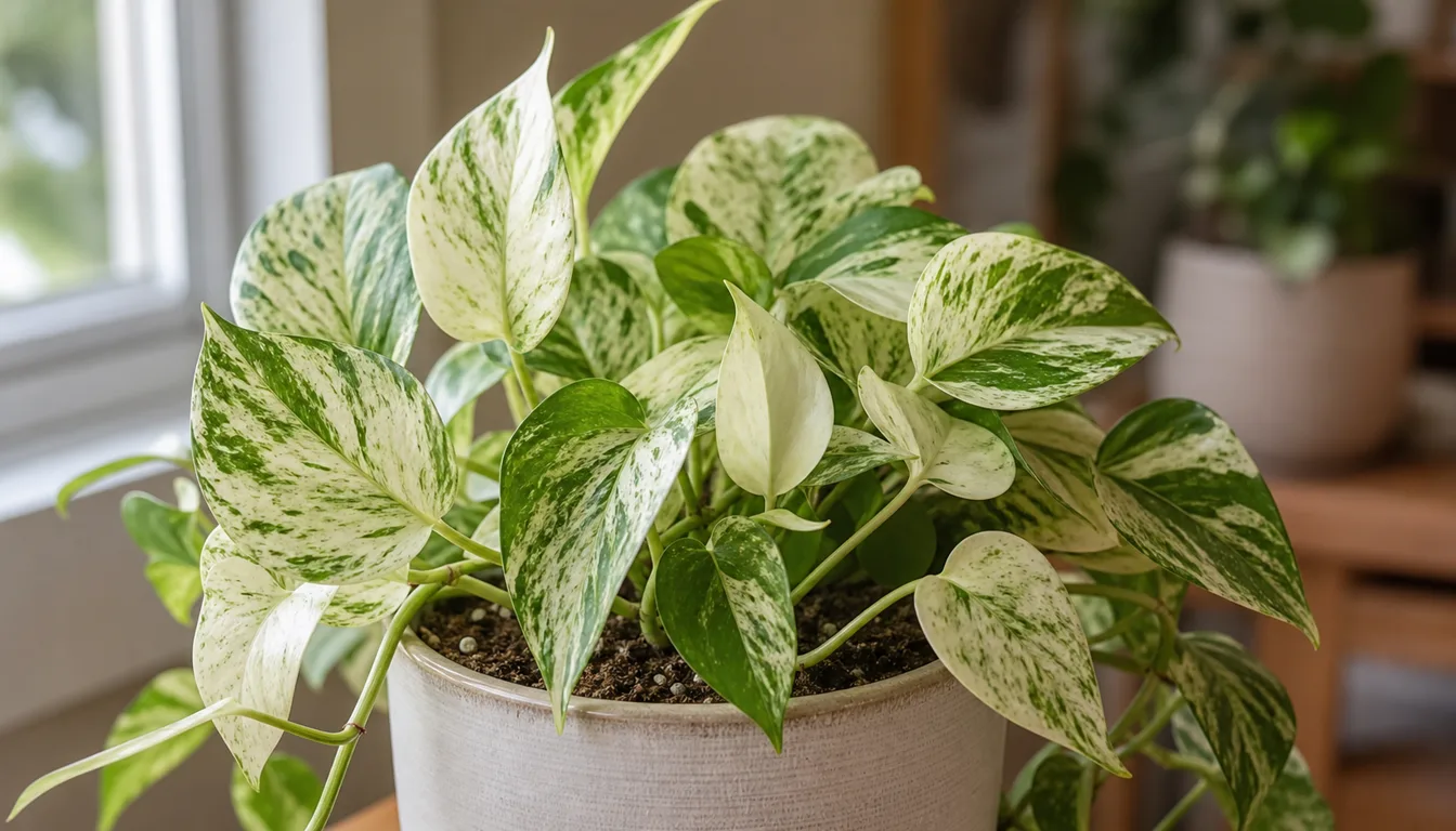Marble Queen Pothos vine that has reverted to solid green next to a vine with strong cream-and-green marbling