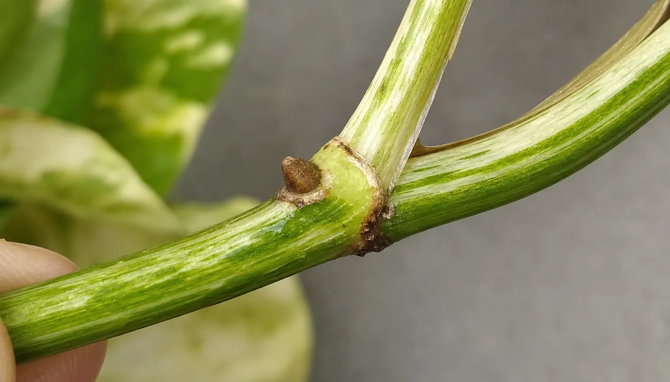 Close view of a Marble Queen Pothos node showing the firm brown aerial root bump used to judge rooting potential