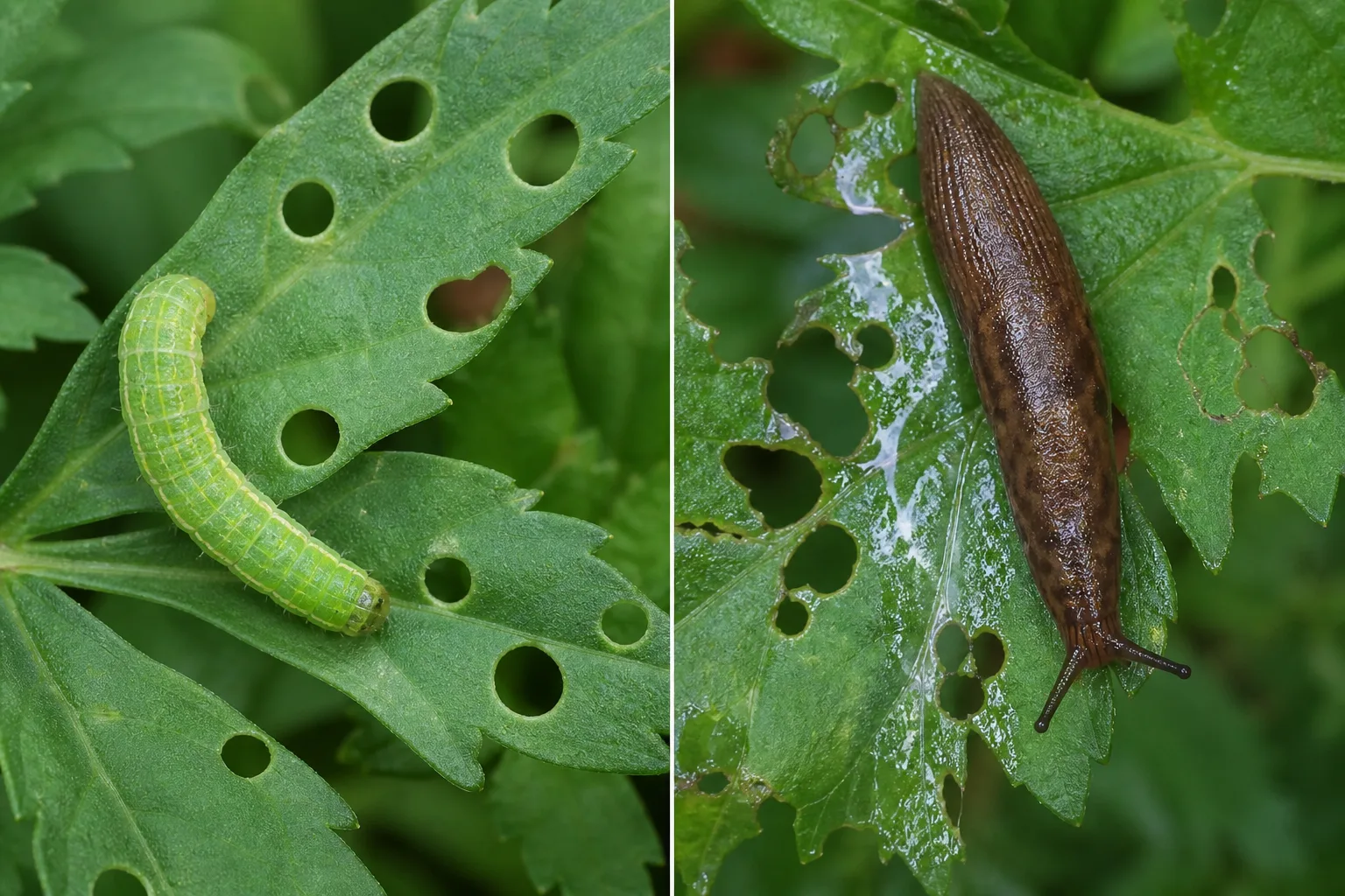 Close comparison of clean-edged caterpillar chewing holes on a marigold leaf beside ragged slug-chewed holes with a silvery slime trail