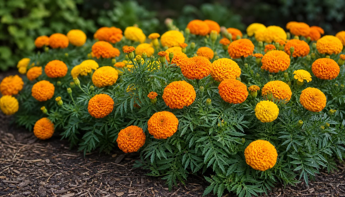 Marigold flowers blooming in a garden bed.