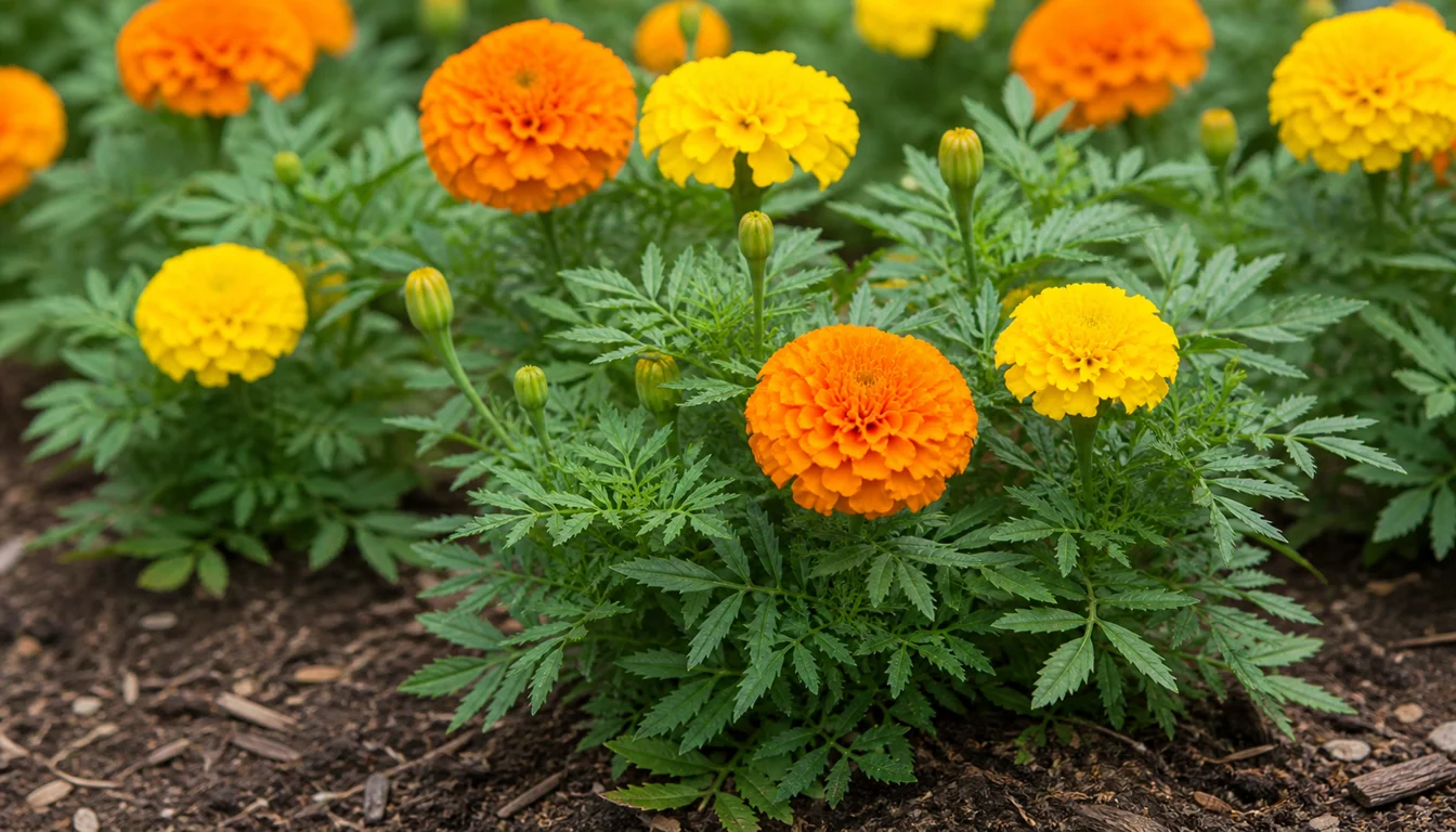 Marigold flowers with foliage, buds, and mulch visible.