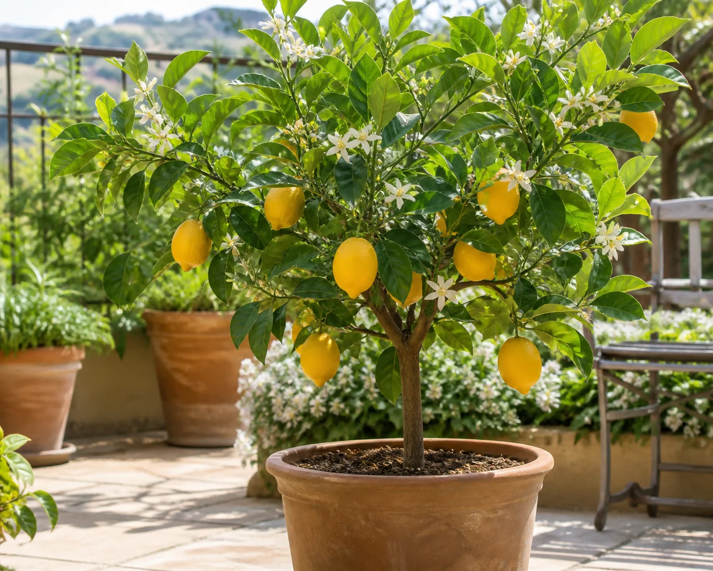 Meyer lemon tree in a large container on a sunny patio with ripe fruit and white flowers
