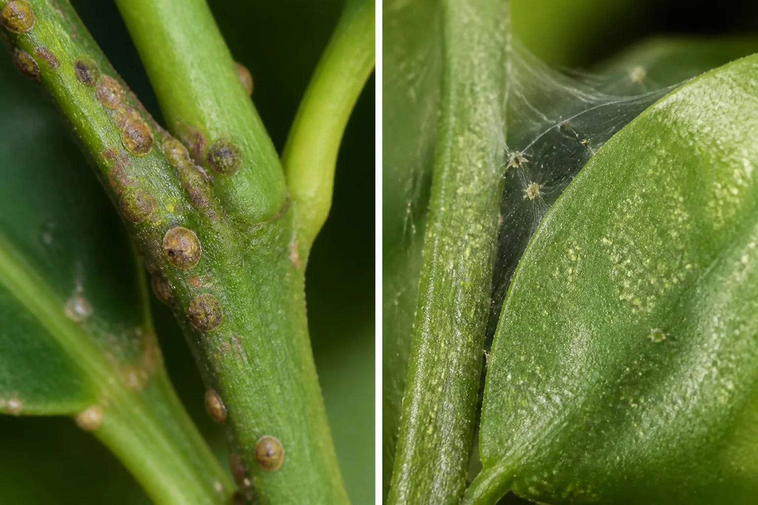 Comparison of scale insect bumps on a citrus stem versus spider mite webbing and stippling on a citrus leaf