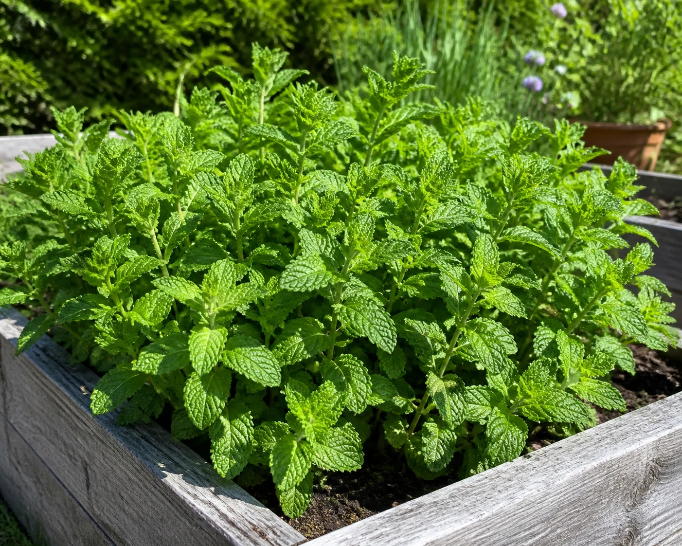 Healthy mint plants growing thickly in a contained raised bed with bright green leaves