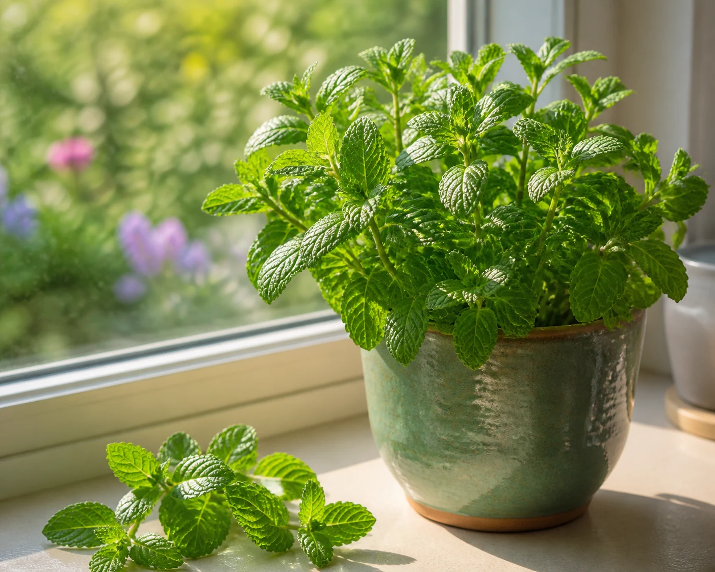 Potted mint on a sunny windowsill with freshly cut sprigs beside it
