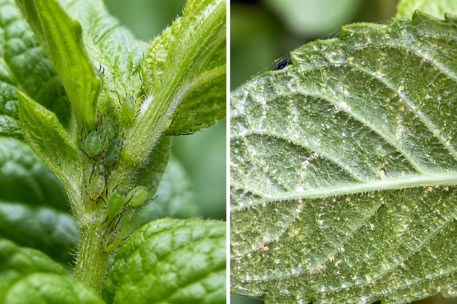Close comparison of clustered green aphids on a mint stem beside fine spider mite webbing and speckling on a mint leaf